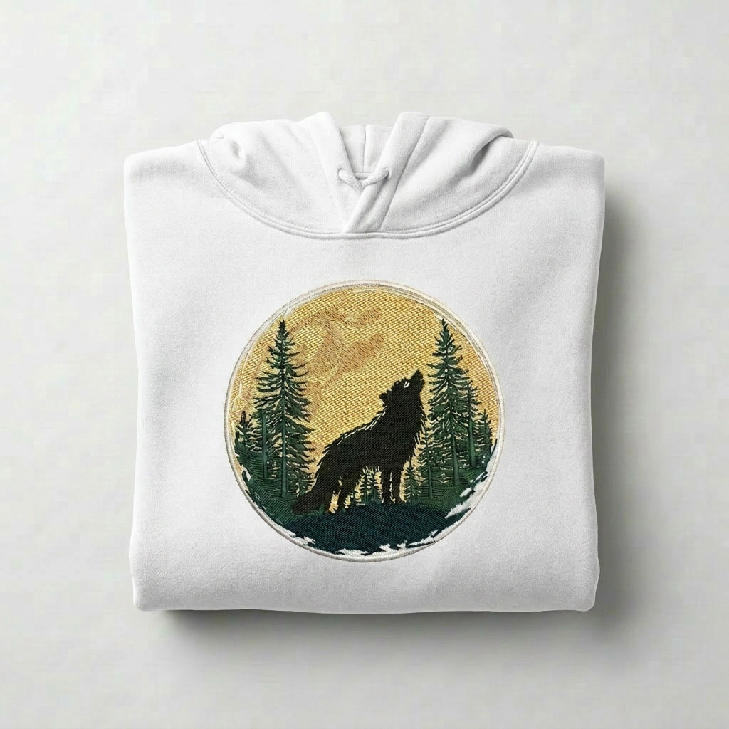 Mystic Forest Wolf Machine Embroidered Hoodie – Hand Finished in Dubai | EmbroMania
