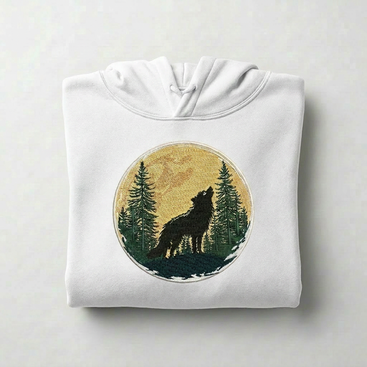 Mystic Forest Wolf Machine Embroidered Hoodie – Hand Finished in Dubai | EmbroMania