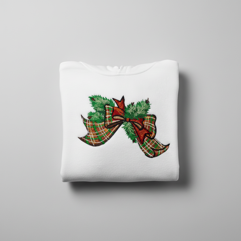 Tartan Ribbon &amp; Evergreen Bow — Premium Embroidered Collection | Hoodie • Sweatshirt • Jute Tote | Original EmbroMania Design