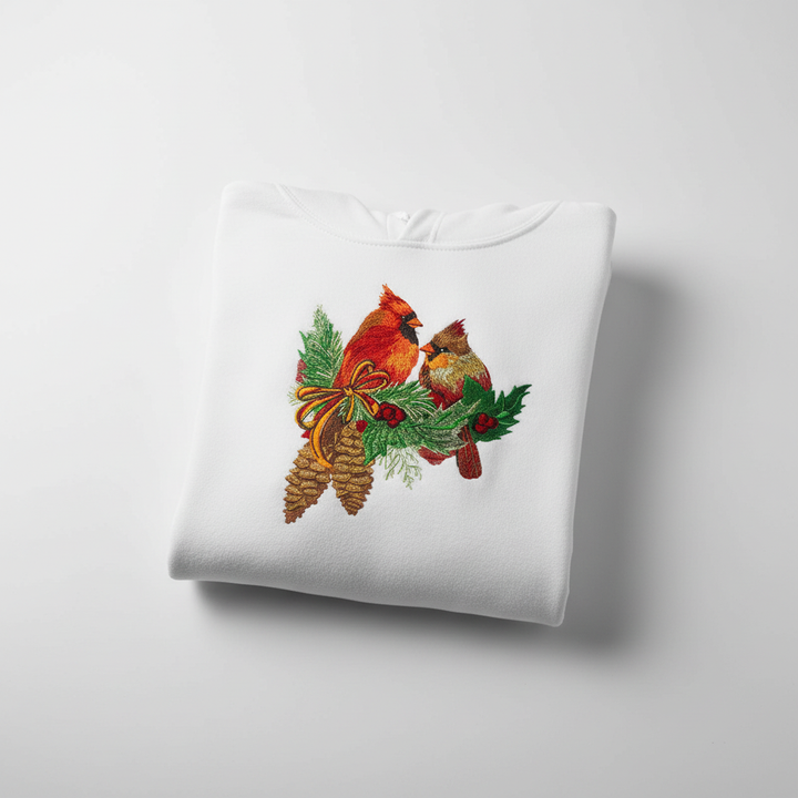 Cardinal Pair with Pinecones — Premium Embroidered Collection | Hoodie • Sweatshirt • Jute Tote | Original EmbroMania Design