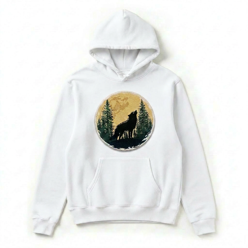 Mystic Forest Wolf Machine Embroidered Hoodie – Hand Finished in Dubai | EmbroMania