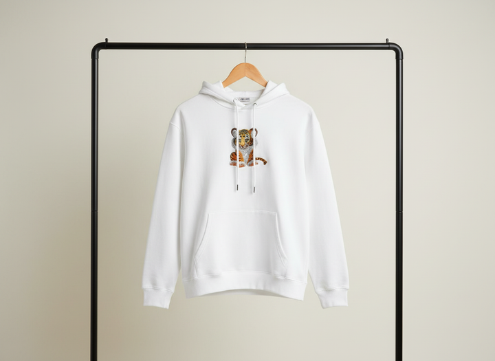 White hoodie with a embroidery  design on a hanger against a plain background
