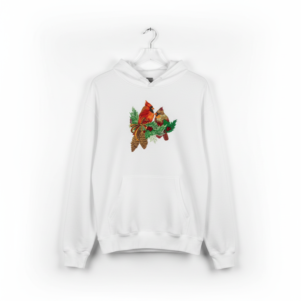 Cardinal Pair with Pinecones — Premium Embroidered Collection | Hoodie • Sweatshirt • Jute Tote | Original EmbroMania Design
