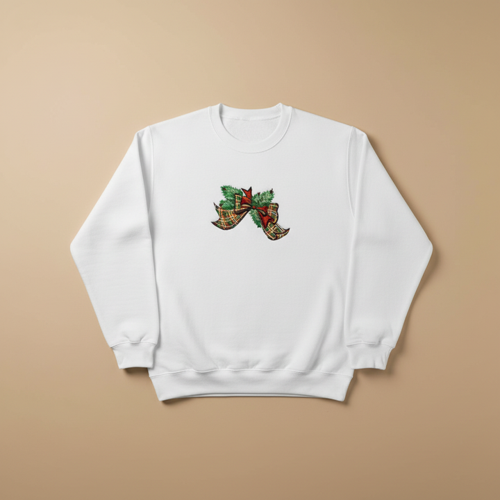 Tartan Ribbon &amp; Evergreen Bow — Premium Embroidered Collection | Hoodie • Sweatshirt • Jute Tote | Original EmbroMania Design