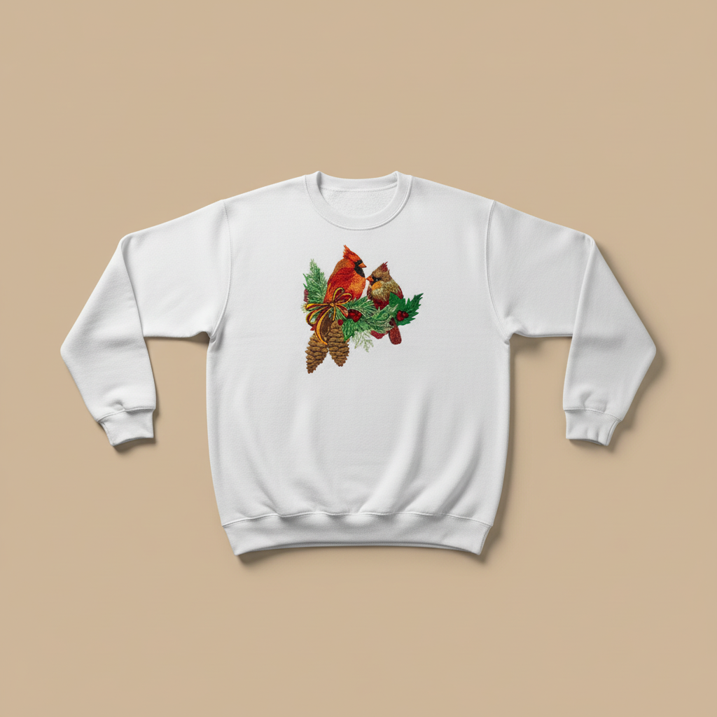Cardinal Pair with Pinecones — Premium Embroidered Collection | Hoodie • Sweatshirt • Jute Tote | Original EmbroMania Design