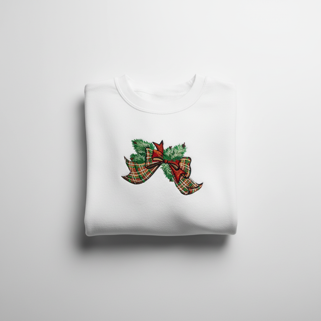 Tartan Ribbon &amp; Evergreen Bow — Premium Embroidered Collection | Hoodie • Sweatshirt • Jute Tote | Original EmbroMania Design