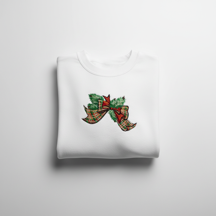 Tartan Ribbon &amp; Evergreen Bow — Premium Embroidered Collection | Hoodie • Sweatshirt • Jute Tote | Original EmbroMania Design