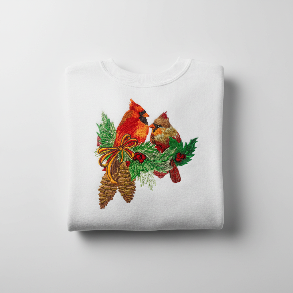 Cardinal Pair with Pinecones — Premium Embroidered Collection | Hoodie • Sweatshirt • Jute Tote | Original EmbroMania Design