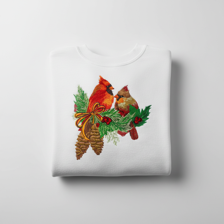 Cardinal Pair with Pinecones — Premium Embroidered Collection | Hoodie • Sweatshirt • Jute Tote | Original EmbroMania Design