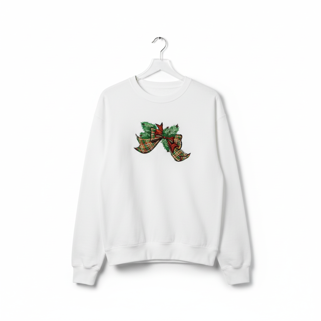 Tartan Ribbon &amp; Evergreen Bow — Premium Embroidered Collection | Hoodie • Sweatshirt • Jute Tote | Original EmbroMania Design