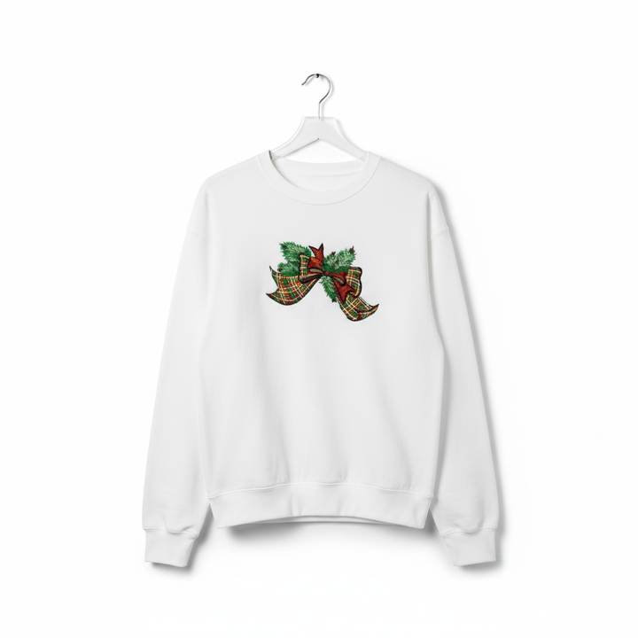 Tartan Ribbon &amp; Evergreen Bow — Premium Embroidered Collection | Hoodie • Sweatshirt • Jute Tote | Original EmbroMania Design