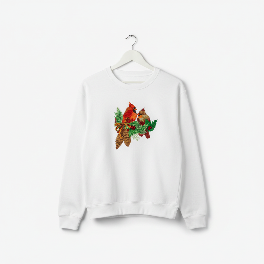 Cardinal Pair with Pinecones — Premium Embroidered Collection | Hoodie • Sweatshirt • Jute Tote | Original EmbroMania Design