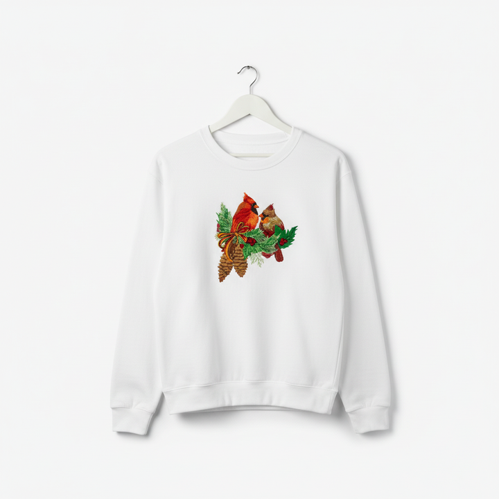 Cardinal Pair with Pinecones — Premium Embroidered Collection | Hoodie • Sweatshirt • Jute Tote | Original EmbroMania Design