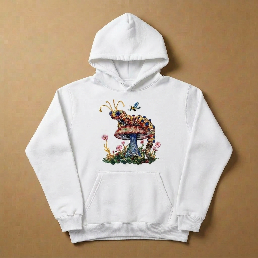 Floral Caterpillar Machine Embroidered Hoodie – Hand Finished in Dubai | EmbroMania