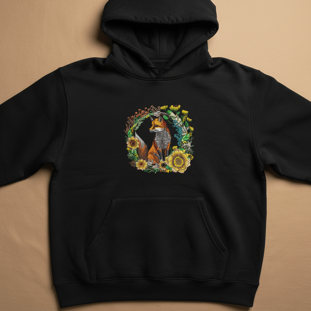 Black hoodie with a fox and floral design on a beige background