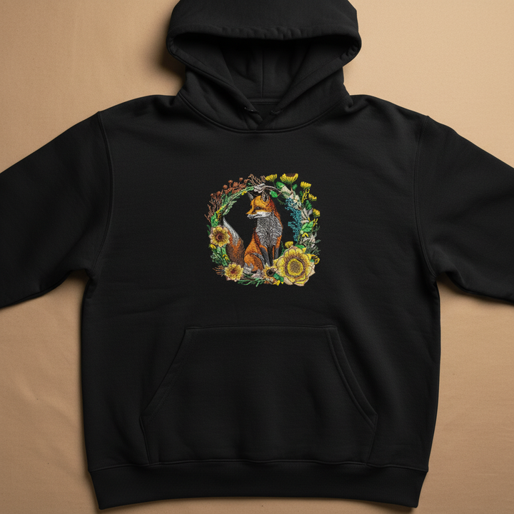 Black hoodie with a fox and floral design on a beige background