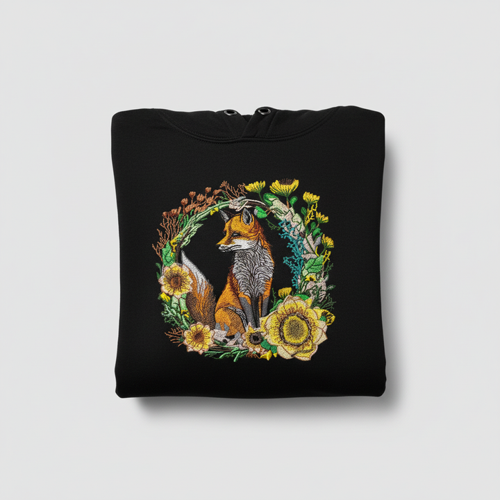 Folded black hoodie with a fox and floral design on a light gray background