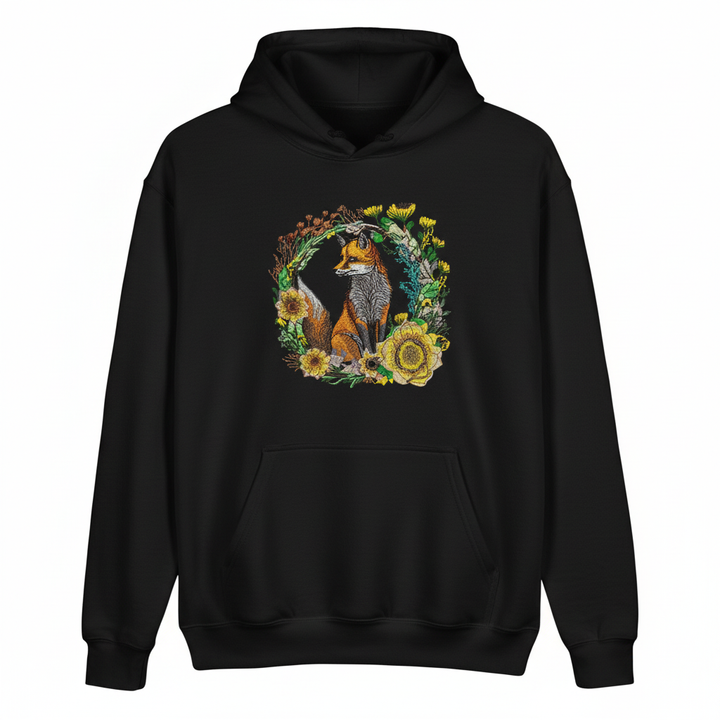 Black hoodie with a fox and floral design on a white background