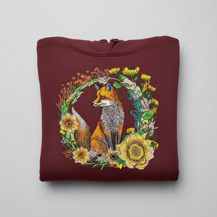 Folded maroon hoodie with embroidered fox and floral design on a light gray background