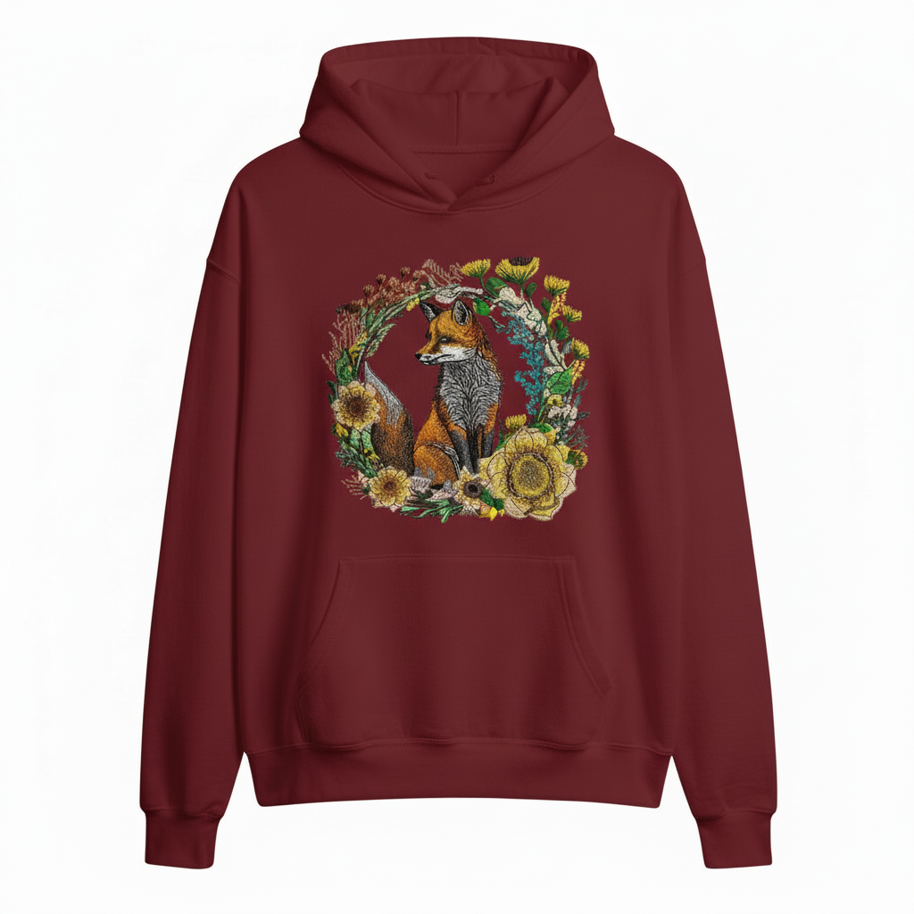 Maroon hoodie with a fox and floral design on the back against a white background