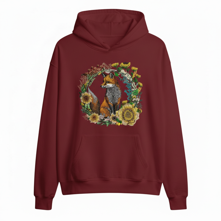 Maroon hoodie with a fox and floral design on the back against a white background