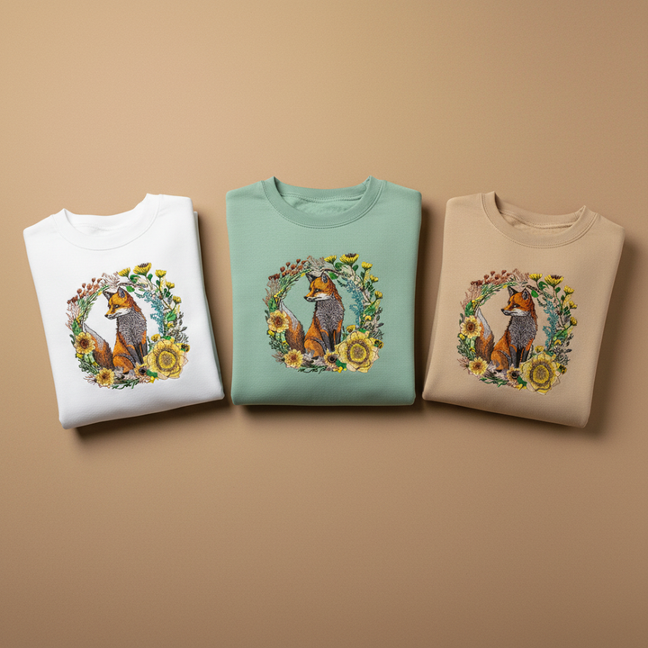 Wild Sunflower Fox — Premium Embroidered Unisex Crewneck | Original EmbroMania Design