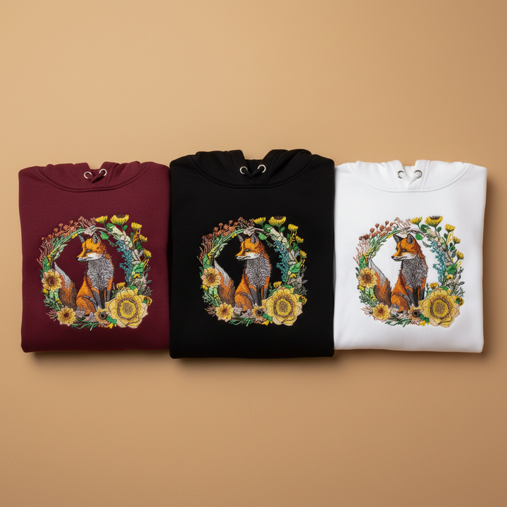 Three folded hoodies in red, black, and white with fox and floral designs on a beige background.