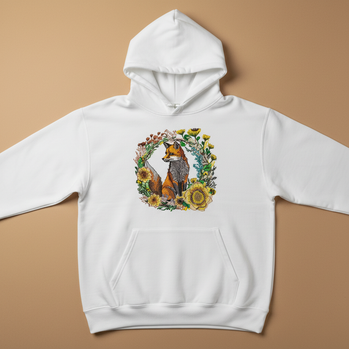 White hoodie with a fox and floral design on a beige background