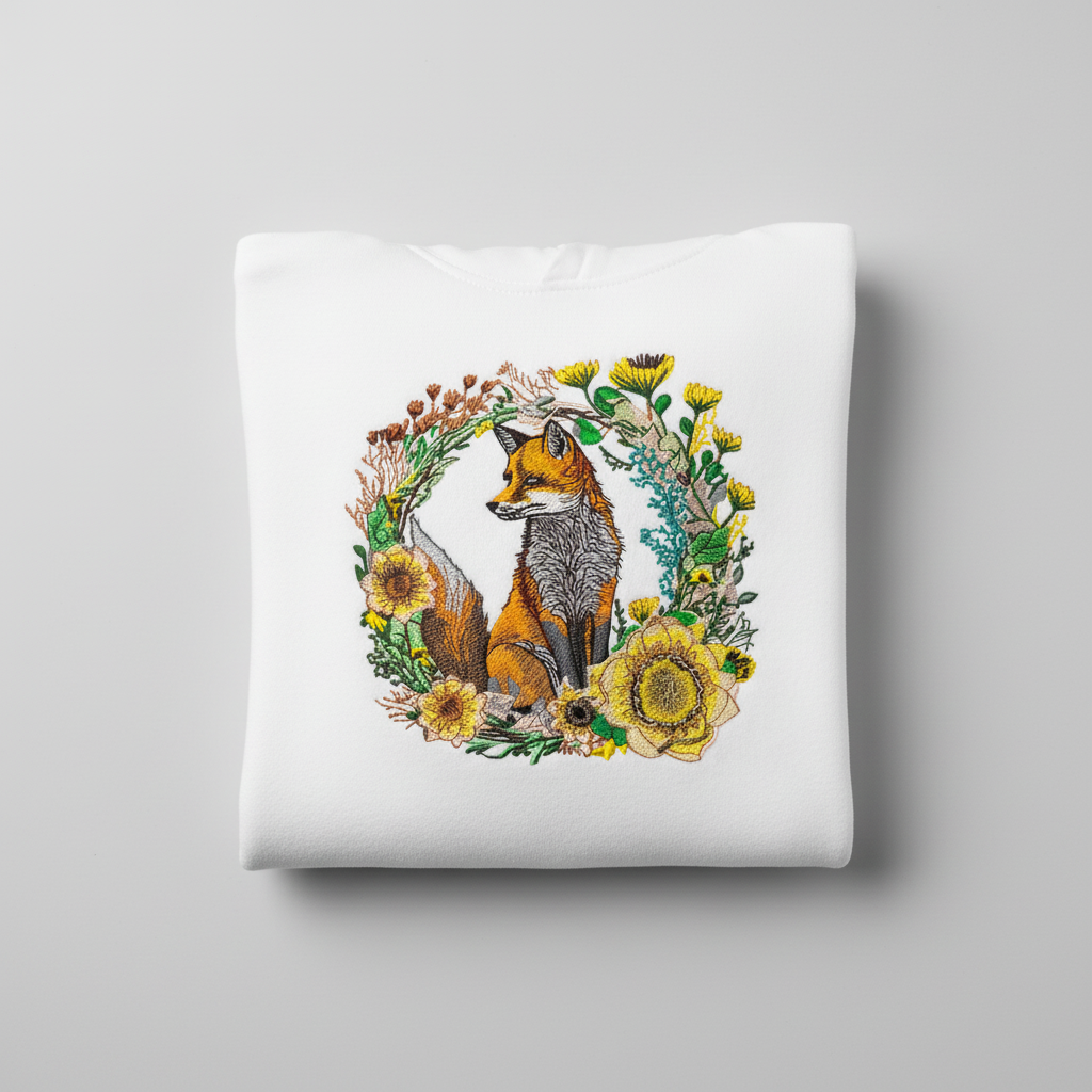 White sweatshirt with a fox and floral design on a gray background