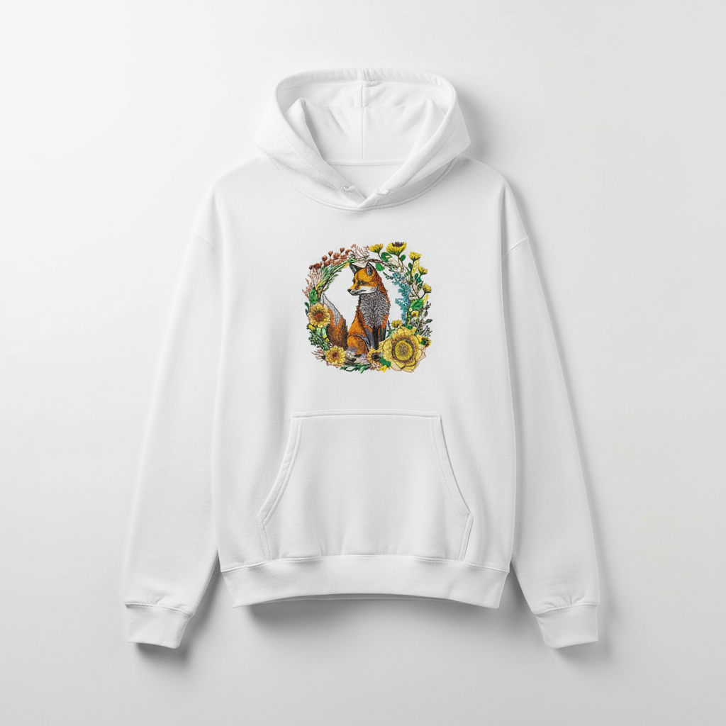 White hoodie with a fox and floral design on a light gray background