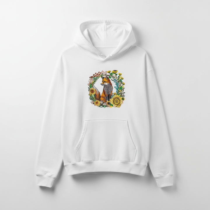 White hoodie with a fox and floral design on a light gray background
