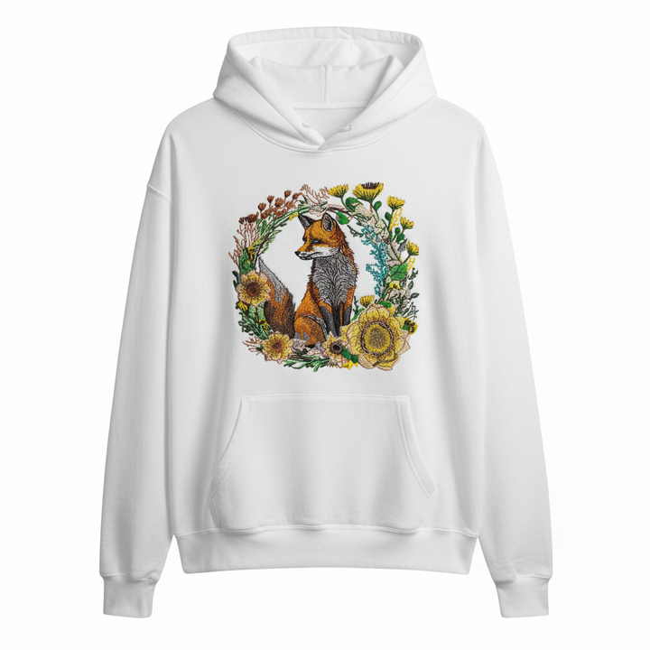 White hoodie with a fox and floral design on a white background