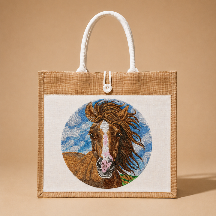 Tote bag with embroidered horse design on a beige background