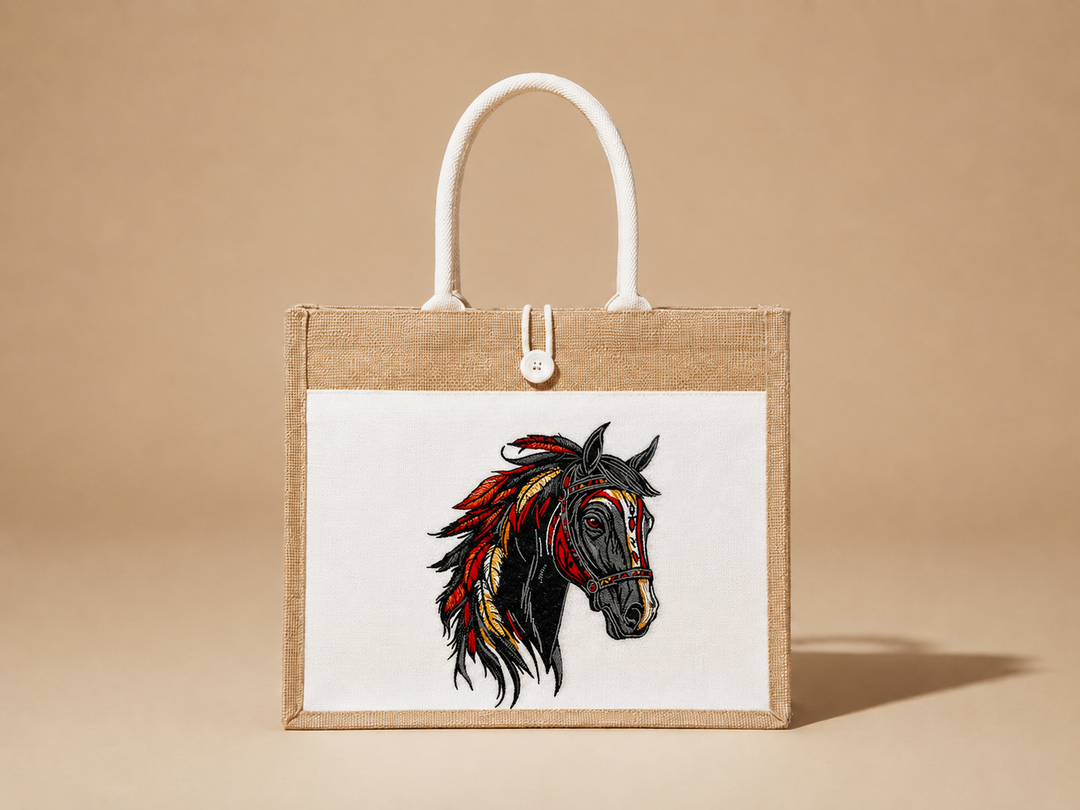 Tote bag with a horse design on a beige background