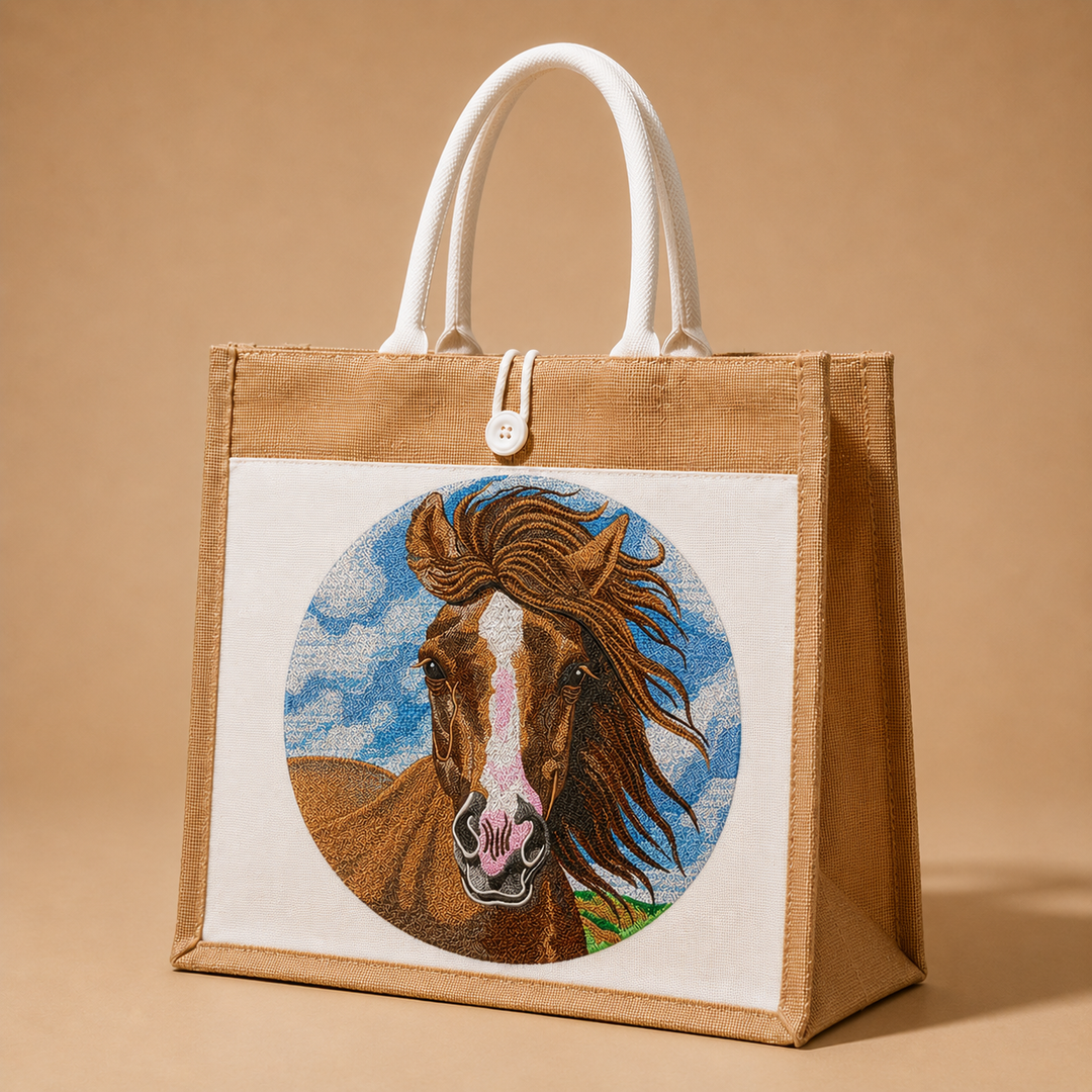 Tote bag with embroidered horse design on a beige background