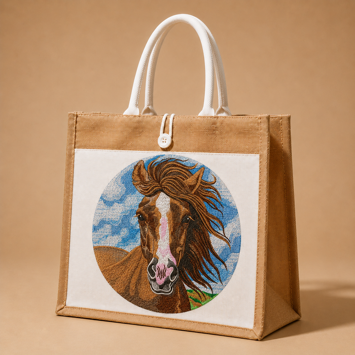 Tote bag with embroidered horse design on a beige background