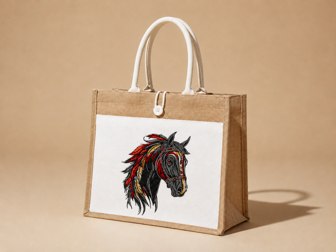 Jute bag with a horse head design on a beige background