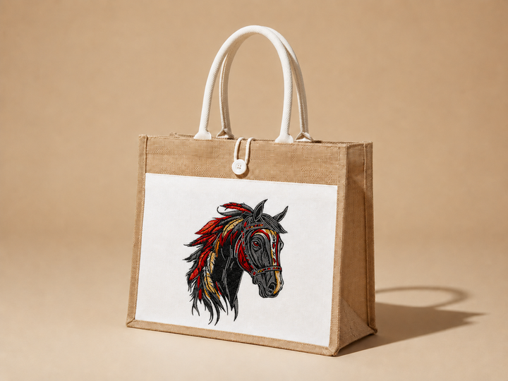 Jute bag with a horse head design on a beige background