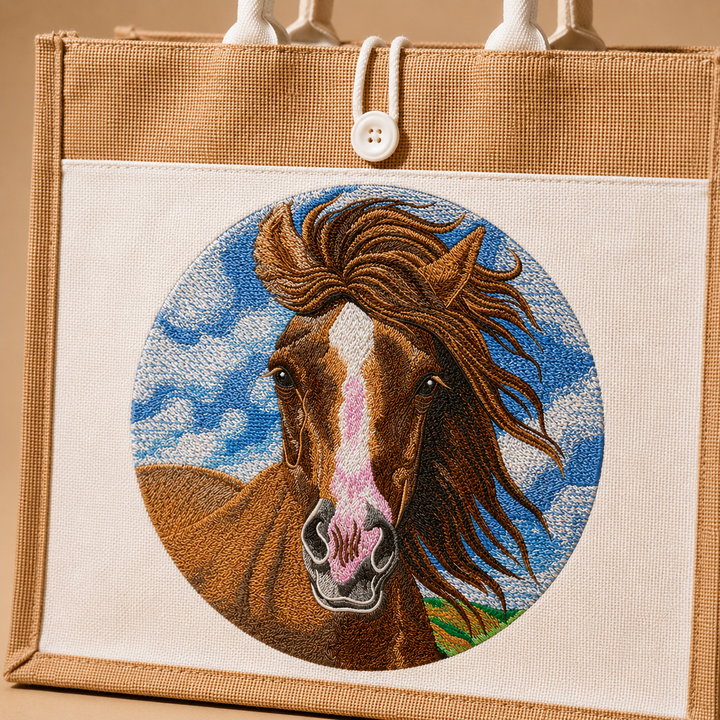 Embroidered horse design on a fabric bag with a button closure.