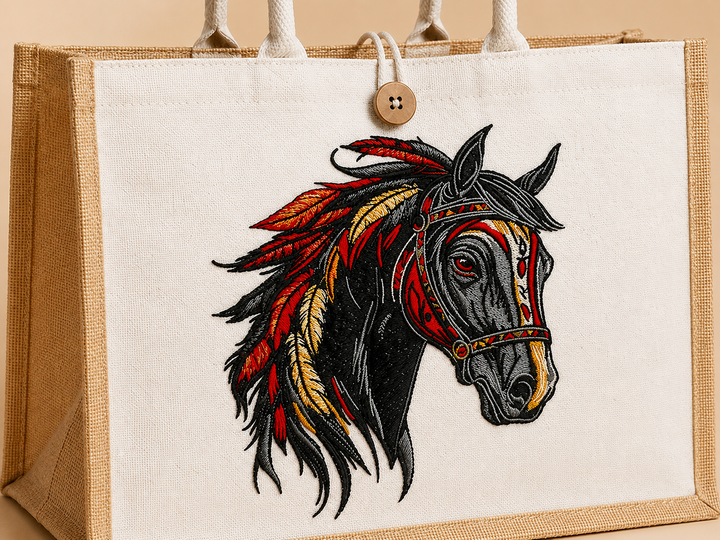 Canvas bag with a colorful horse design on a beige background