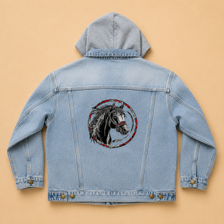 Wild Spirit Horse – Machine Embroidered Denim Hoodie Jacket | Hand Finished in Dubai
