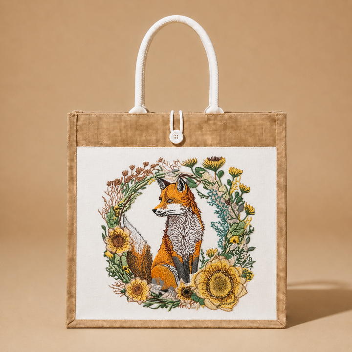 Tote bag with fox and floral design on a beige background