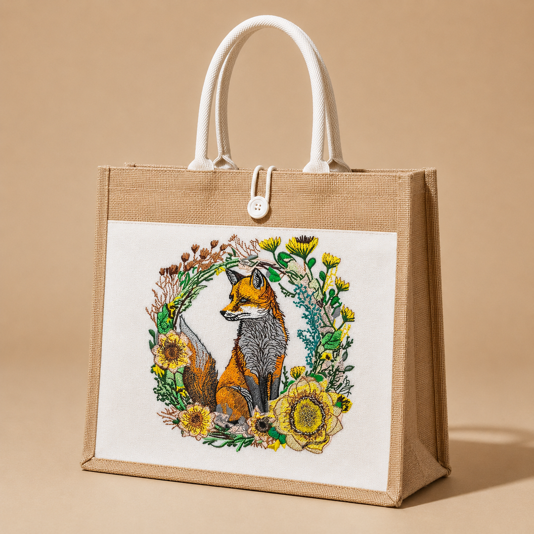 Jute bag with embroidered design of a fox and flowers on a beige background
