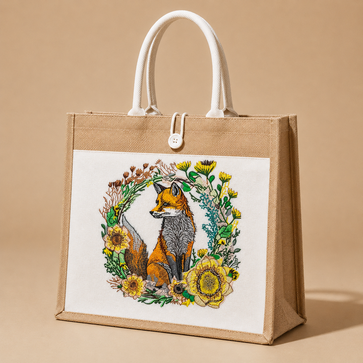 Jute bag with embroidered design of a fox and flowers on a beige background