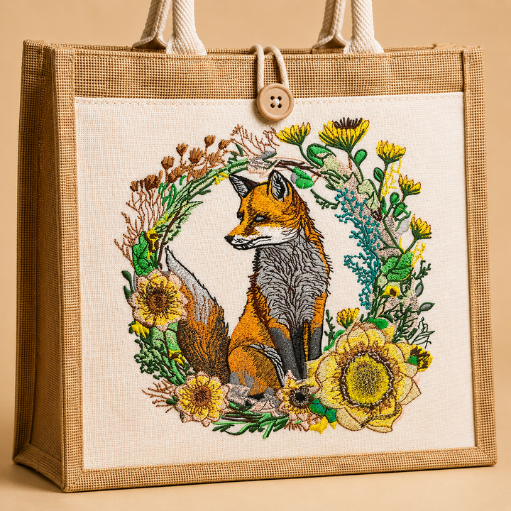 Jute bag with embroidered design of a fox surrounded by flowers on a beige background