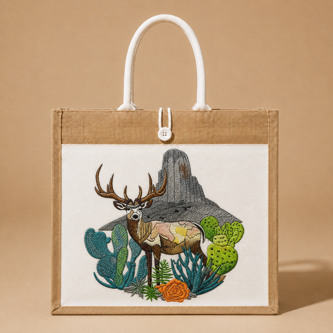 Tote bag with embroidered design of a deer and mountain on a beige background