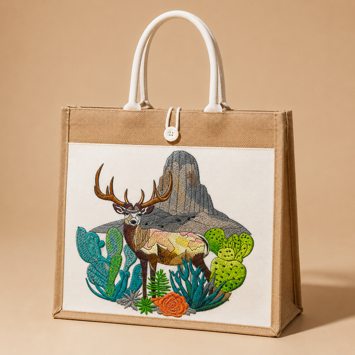 Tote bag with embroidered deer and nature design on a beige background