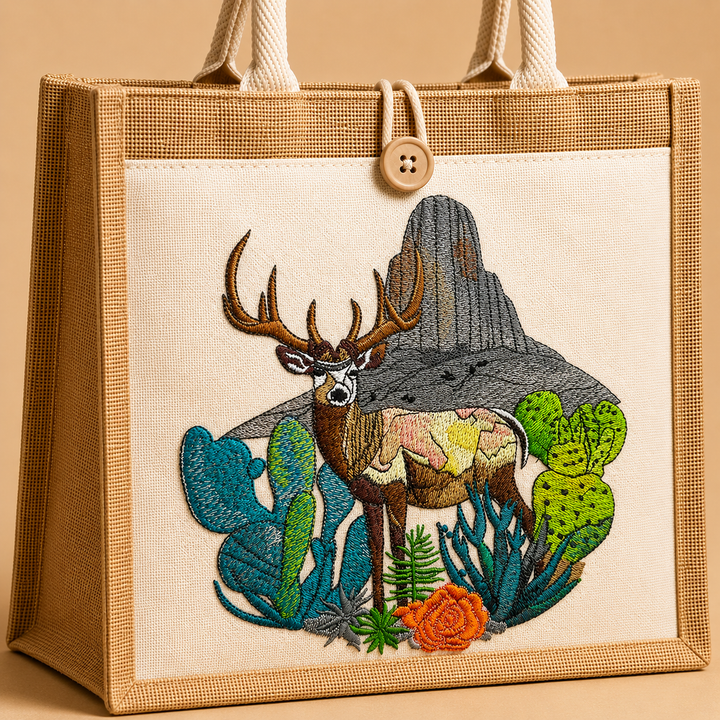 Embroidered bag with a deer design on a beige background