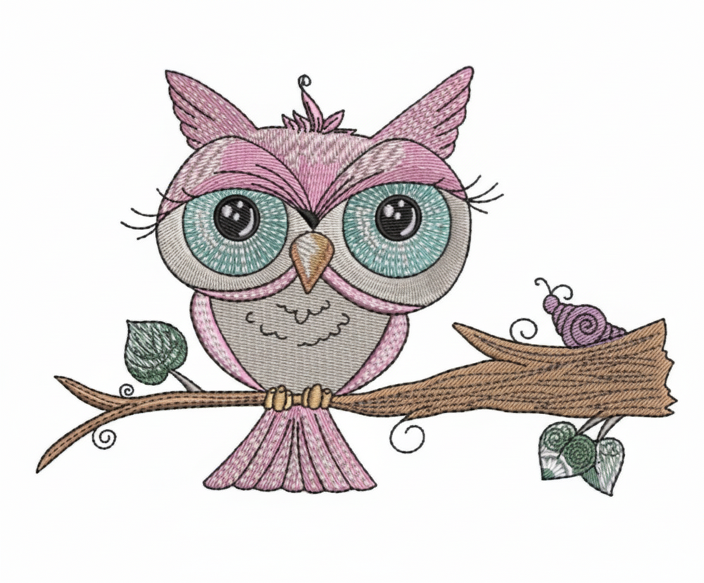 Pink owl with teal eyes sitting on a branch with leaves and a snail.