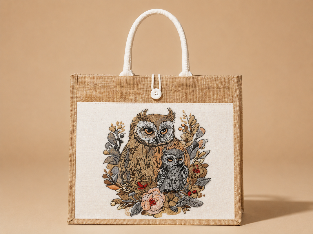 Tote bag with owl design on a beige background
